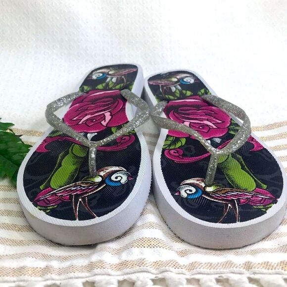 LA Ink Rose and Bird Flip Flops - Picture 5 of 11